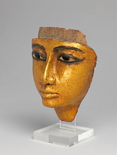 Rosto de um caixão, com olhos e sobrancelhas incrustados, dourados de Egyptian 20th Dynasty