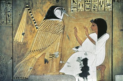Pintura mural de cena do Livro dos Mortos, transformação em Falcão de Ouro de Egyptian 20th Dynasty