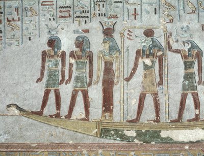Relevo retratando Khnum em uma barca funerária passando pelo Mundo Inferior, do Túmulo de Ramsés III (c.1184-1153 aC) Novo Reino (calcário pintado) de Egyptian 20th Dynasty