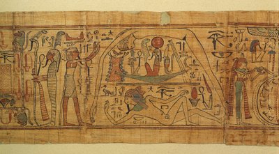 Livro de imagens mitológicas de Nespakachuty, a separação do céu e da terra com o barco solar de Egyptian 21st Dynasty