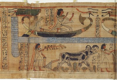 Detalhe do Livro dos Mortos do Sacerdote Aha-Mer retratando uma cena de barca e agricultura, Terceiro Período Intermediário (papiro) de Egyptian 21st Dynasty
