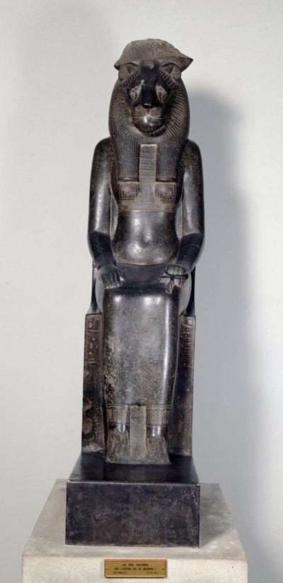 Antiquite egípcia: a divindade leoa Sekhmet com o cartucho do Rei Sheshonq I. Estátua de granito preto. 950-929 AC. Turim, museu egípcio. de Egyptian 22nd Dynasty