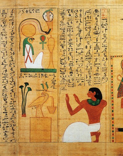 Papiro mitológico de Imenemsauf, portador principal de Amon. Detalhe: hino ao sol Ra como um pássaro de Egyptian 22nd Dynasty