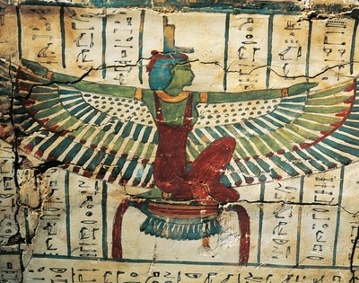 Madeira pintada e lacada, representando a deusa Ísis com asas abertas, no sarcófago de Cesraperet de Tebas Ocidental de Egyptian 25th Dynasty