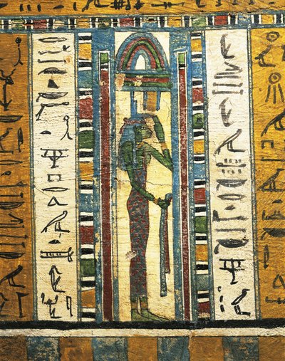Painel de madeira rebocada e pintada representando a deusa Isis, de Sarcófago de Usai, Tebas de Egyptian 26th Dynasty