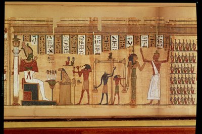 O Julgamento de Osíris, detalhe de um Livro dos Mortos, Período Final (papiro) de Egyptian 30th Dynasty