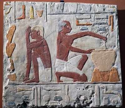 Preparação e cozedura de pão, 2500-2350 BC (calcário pintado) de Egyptian 5th Dynasty