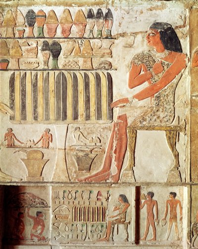 O falecido em frente a uma mesa de comida, egípcio, antigo reino (pintura de parede) de Egyptian 5th Dynasty