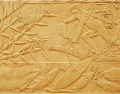 Cena de pesca, a partir do Mastaba de Kagemni, Old Kingdom (calcário) de Egyptian 6th Dynasty