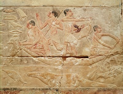 Relief retratando homens em um barco, do túmulo da princesa Idut, Old Kingdom, c.2330 aC (calcário pintado) de Egyptian 6th Dynasty