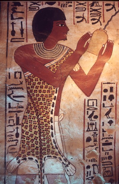 Antigo Egipto, Túmulo de Sennufer, Tebas, Luxor, Pintura mural, fresco, mural, o filho de Sennufer presidindo ao banquete fúnebre, vestindo um manto de pele de leopardo de Egyptian Egyptian