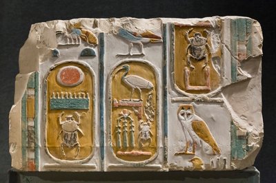 Parede esculpida representando três cartuchos do rei Thutmosis I e III de Egyptian Egyptian