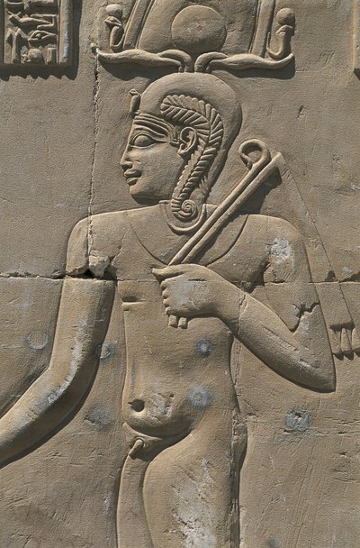 Egipto, Deserto Líbio, Al-Dakhilah (Dakhla) Oásis, Dayr al-Haggar, alívio no templo egípcio de Egyptian Egyptian