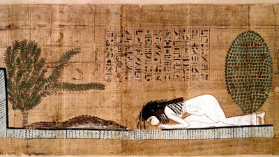 Antiquite egípcio: um representante defunto que venera o crocodilo, símbolo da fecondite. Papiro, de um Livro dos Mortos. Cairo, Museu Egípcio - Antigo Egito: um falecido adorando o crocodilo, símbolo de fertilidade. Papiro do Livro dos Mortos. de Egyptian Egyptian