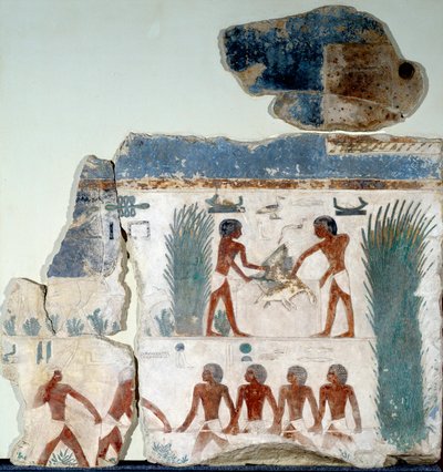 Antiquidade egípcia: início do verão. Os pássaros são mortos por dois camponeses. Detalhe de um fresco de calcário pintado do templo solar de Abu Gurob. Berlim, Museu Egípcio de Egyptian Egyptian