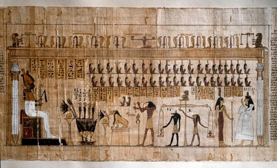 Antiguidade egípcia: a pesagem das almas (psicostasia). Papiro de um Livro dos Mortos. Turim, Museu Egípcio - Antigo Egito: a pesagem das almas (psicóstase). Papiro do Livro dos Mortos. Museu Egípcio, Turim, Itália. de Egyptian Egyptian