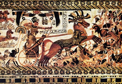 Pintura mural em túmulo egípcio representando uma cena de batalha de Egyptian Egyptian