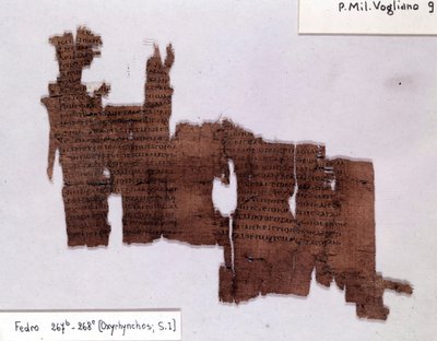 Papiro literário: "Phedrus" de Platão (-428; -348), filósofo grego. Universidade de Milão, Instituto de Papyrologia de Egyptian Egyptian