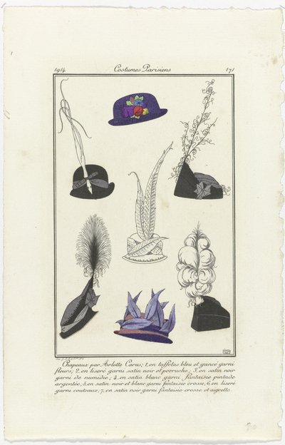 Acessórios
Journal des Dames et des Modes, Costumes Parisiens, 1914, No. 171: Chapéus de Arlett (...) de Eiger