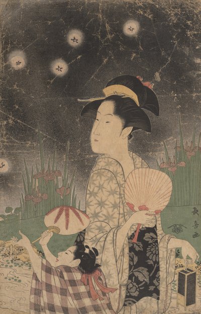 Mulher e criança pegando vaga-lumes, ca. 1793. de Eishōsai Chōki