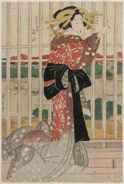 A cortesã Meizan do Chojiya em uma varanda com vista para o rio Sumida, por volta de 1820. de Kikugawa Eizan
