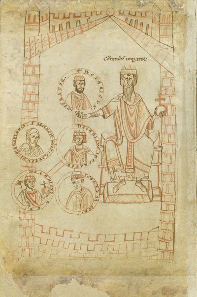 Árvore genealógica da Dinastia Saliana: Conrado II, Henrique III, Henrique IV, sua esposa Eupraxia de Kiev, Henrique V, século XII de Ekkehard of Aura