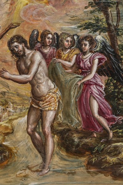 Altar portátil: detalhe do painel da porta direita representando o Batismo de Cristo (tempera grassa no painel) de El Greco