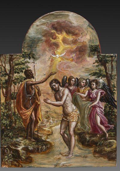 Altar portátil: painel da porta direita representando o Batismo de Cristo, detalhe de 2384586 (tempera grassa no painel) de El Greco