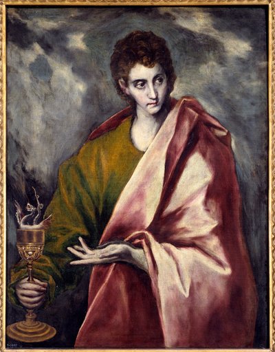 São João Evangelista Pintura de Domenikos Theotokopoulos dit El Greco (1541-1614) Sol do século XVII. 0,9x0,77 m Madrid, Musee du Prado - São João Evangelista. Pintura de Domenikos Theotokopoulos conhecido como El Greco (1541-1614) de El Greco