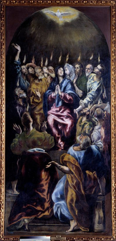 A Pintura de Pentecostes por Domenikos Theotokopoulos dit El Greco (1541-1614) Sol do século XVII. 2,75x1,27 m Madrid, Museu do Prado - Pentecostes. Pintura de Domenikos Theotokopoulos conhecido como El Greco (1541-1614) de El Greco