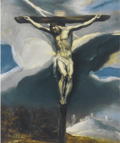 Cristo na cruz numa paisagem de El Greco