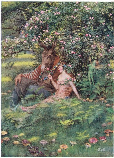 Bottom e Titania: "Venha sentar-se nesta cama florida" (litho) de Eleanor Fortescue Brickdale