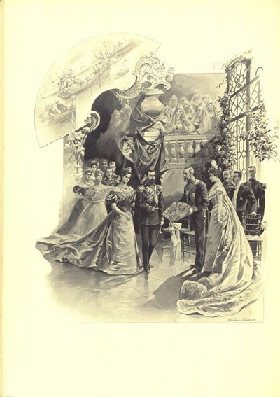 Alexandra Fyorodovna e Nicholas II durante a recepção cerimonial na Embaixada da França, 1899 de Elena Petrovna Samokish Sudkovskaya
