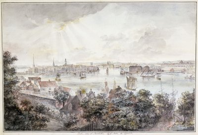 Uma vista de Estocolmo de Soder com o Palácio Real, Storkyrkan, Riddarholmskykan e Tskakykan, de Elias Martin