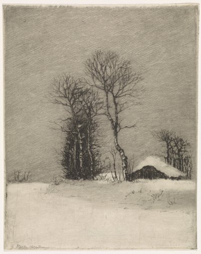 Paisagem de inverno com fazenda e árvores de Elias Stark
