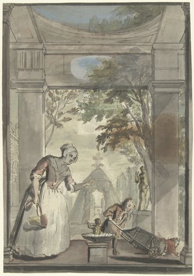 Empregada para menino que derruba criança de carrinho de mão de Elias van Nijmegen