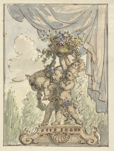 Três putti com um cesto de flores de Elias van Nijmegen