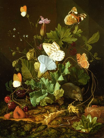 Ainda vida de um chão de floresta com flores, um rato e borboletas de Elias van den Broeck