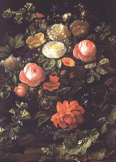 Ainda vida com rosas, insetos e caracóis de Elias van den Broeck