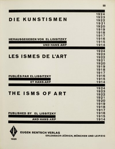 Página de rosto: Os Artismos. Os ismos de arte de El Lissitzky e Hans Arp, 1925. de Eliezer Markowich Lissitzky