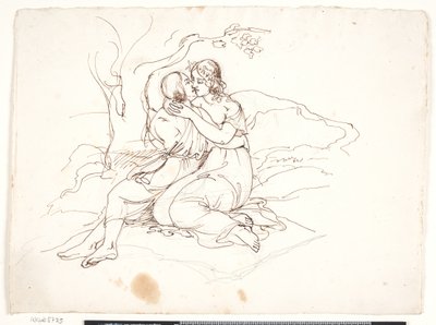 Um jovem casal abraçando em uma paisagem de Elisabeth Jerichau Baumann
