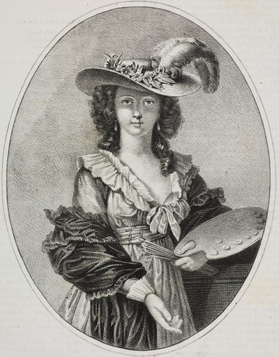 Autorretrato com paleta, da pintora francesa Elisabeth Vigee Le Brun, litografia de Giovanni Mariani de Poliorama Pittoresco, n 42, 28 de maio de Elisabeth Louise (after) Vigee Lebrun