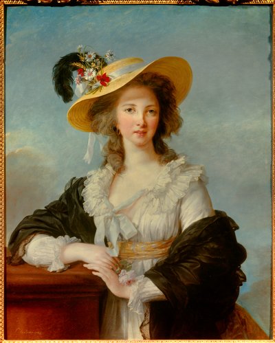 Retrato de Yolande Gabrielle Martine de Polastron, Duquesa de Polignac (1749-1793) com a Pintura de Chapéu de Palha de Marie Elisabeth Louise Vigee Le brun (ou Vigee-Lebrun ou Vigee Lebrun) (1755-1842) 1782 Sol. 0,92x0,73 m - Retrato da duquesa - Retrato de Elisabeth Louise Vigee Lebrun