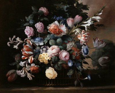 Natureza-morta de flores de verão com rosas, prímulas e tulipas. Pintura de Elise Bruyere (1776-1842) Coleção particular. de Elise Bruyere