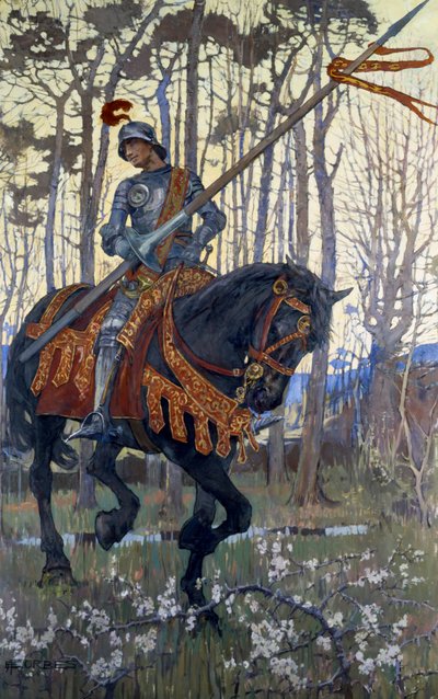 Um cavaleiro de armadura viaja pela floresta, ilustração de "King Arthur