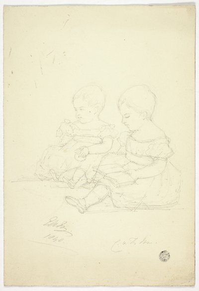 Duas meninas sentadas (reto), uma natureza morta e dois animais (verso) de Elizabeth Murray