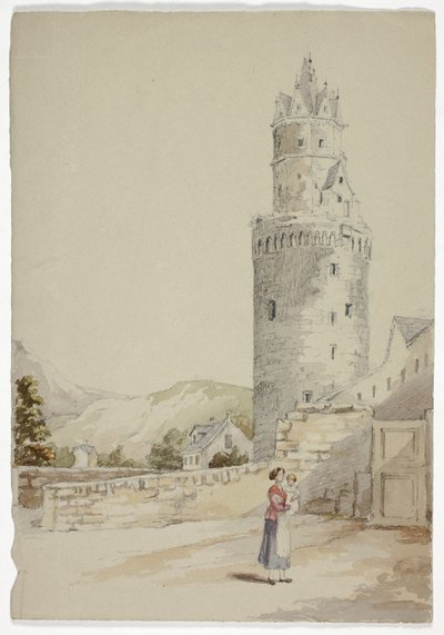 Mulher e criança antes da cidade murada com torre de Elizabeth Murray