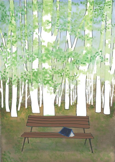 Banco na Floresta, 2017 (aguarela e colagem) de Elizabeth Rider