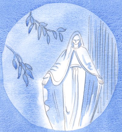 Uma estátua no jardim: Aqui, podemos ver a abordagem sincera de Nossa Senhora a Deus. Ela sempre lhe perguntava: "O que você gostaria que eu fizesse", 2002 (w - c no papel) de Elizabeth Wang