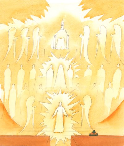 Uma boa preparação para a missa consiste na oração, com uma reflexão sobre a Companhia do Céu com quem rezamos e sobre o Pai Eterno, Fonte de todo o Amor, 2005 (aguarela sobre papel) de Elizabeth Wang